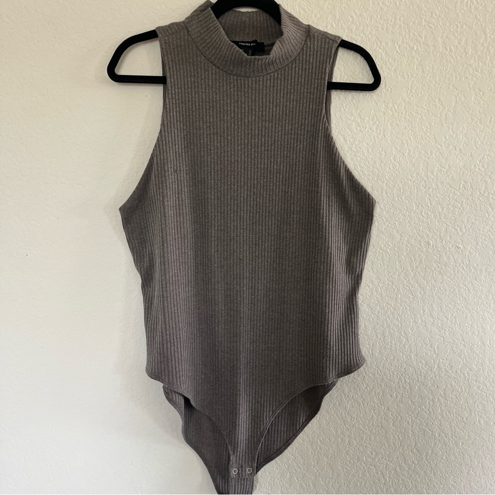 Sleeveless Ribbed Bodysuit - Gray, Women’s Plus 2X bodysuit, mock neck
